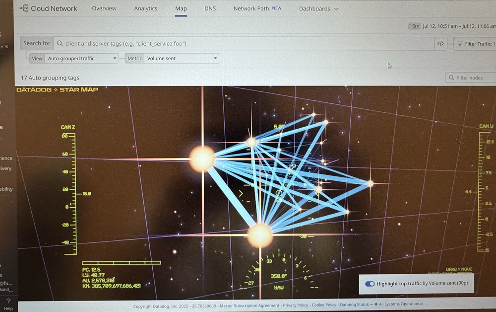 Datadog Network Monitoring の謎機能。SF みたいでかっこいい。Windows だと ctrl+shift+s で表示できるらしい。